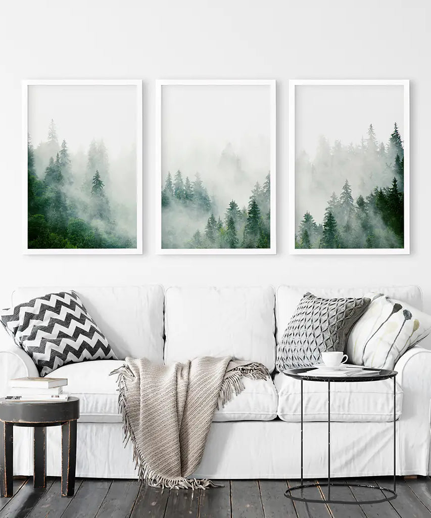 Evergreen Misty Forest Triptych. Set of 3 Prints