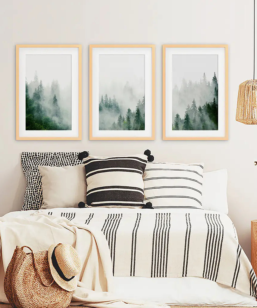 Evergreen Misty Forest Triptych. Set of 3 Prints