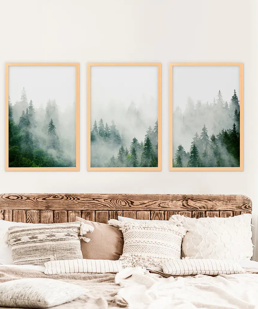 Evergreen Misty Forest Triptych. Set of 3 Prints