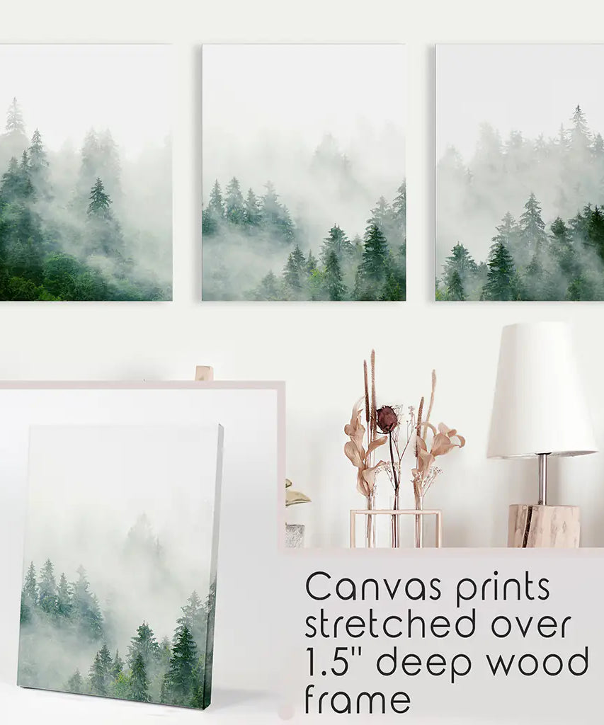 Evergreen Misty Forest Triptych. Set of 3 Prints