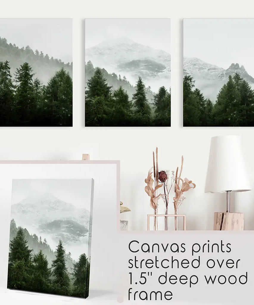 Green Mountain Forest 3 Piece Wall Art. Foggy Nordic Nature