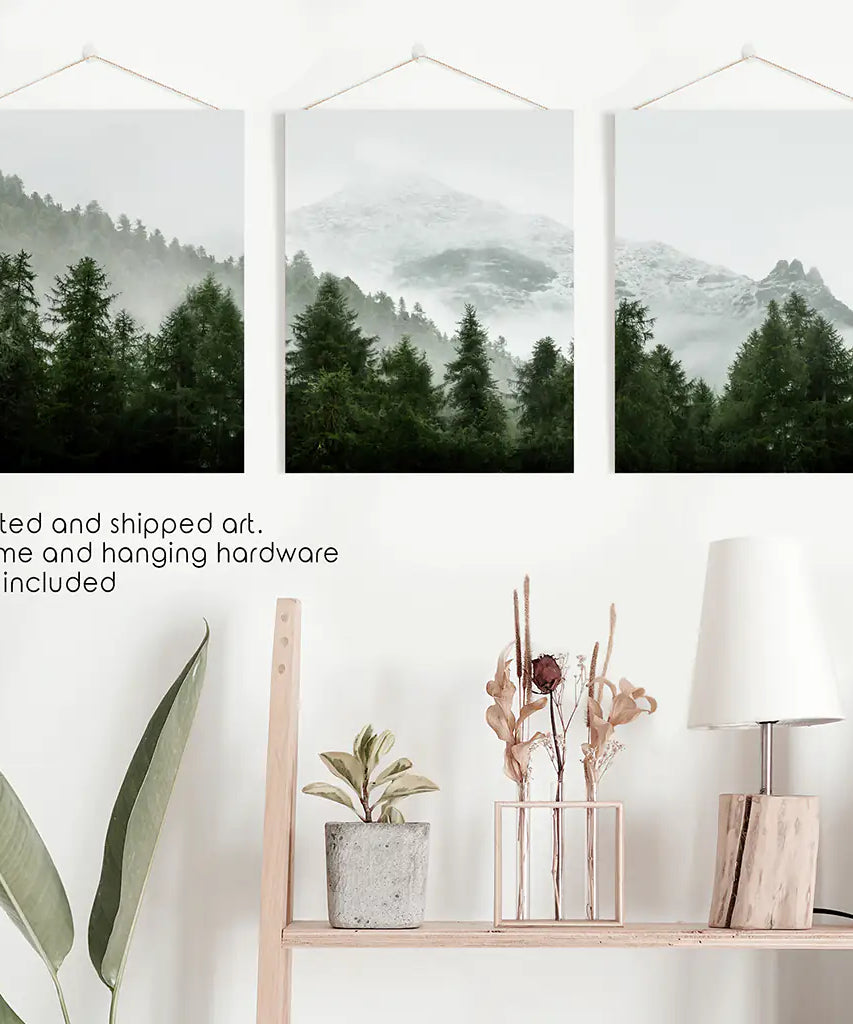 Green Mountain Forest 3 Piece Wall Art. Foggy Nordic Nature