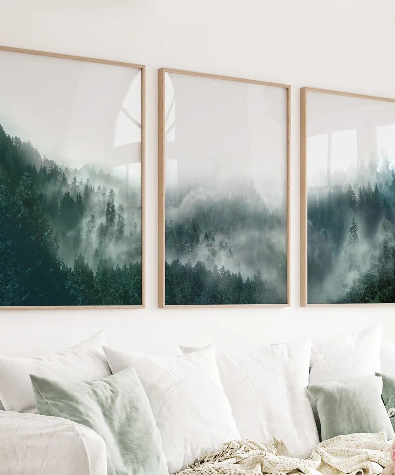 Large Foggy Forest Wall Art Set. Scandinavian Decor