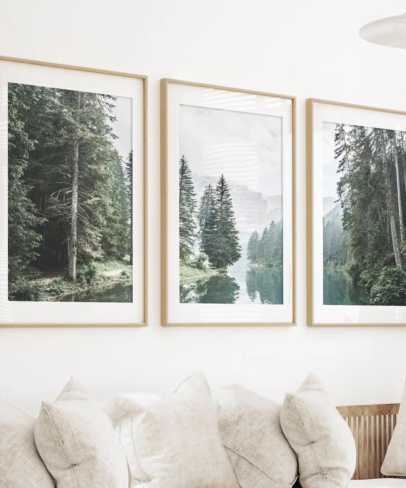 Green Forest River with Trees and Mountain. 3 Piece Wall Art