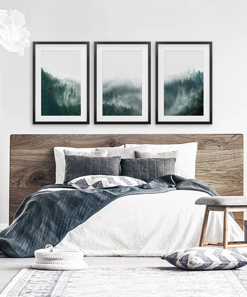 Large Foggy Forest Wall Art Set. Scandinavian Decor