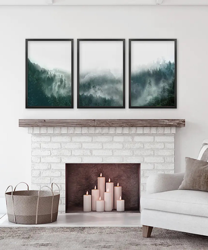 Large Foggy Forest Wall Art Set. Scandinavian Decor