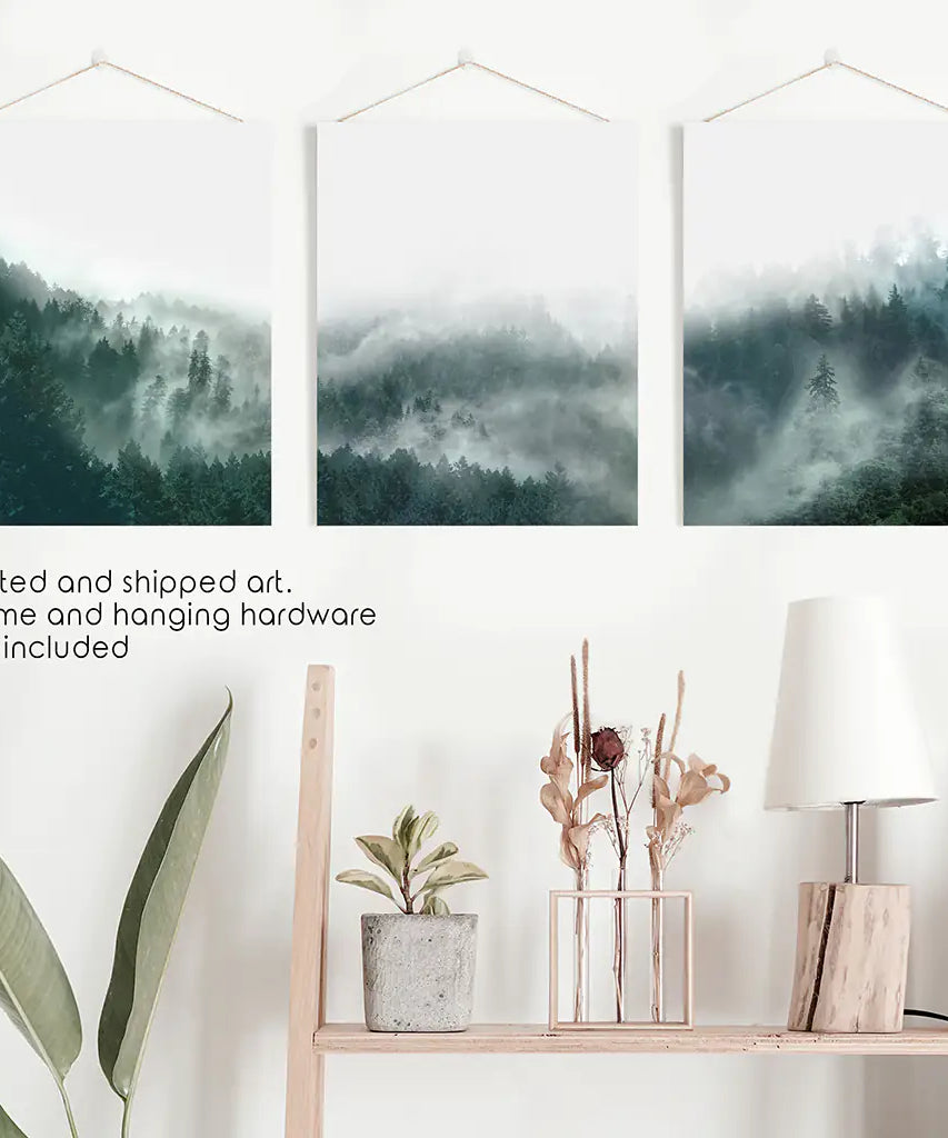 Large Foggy Forest Wall Art Set. Scandinavian Decor