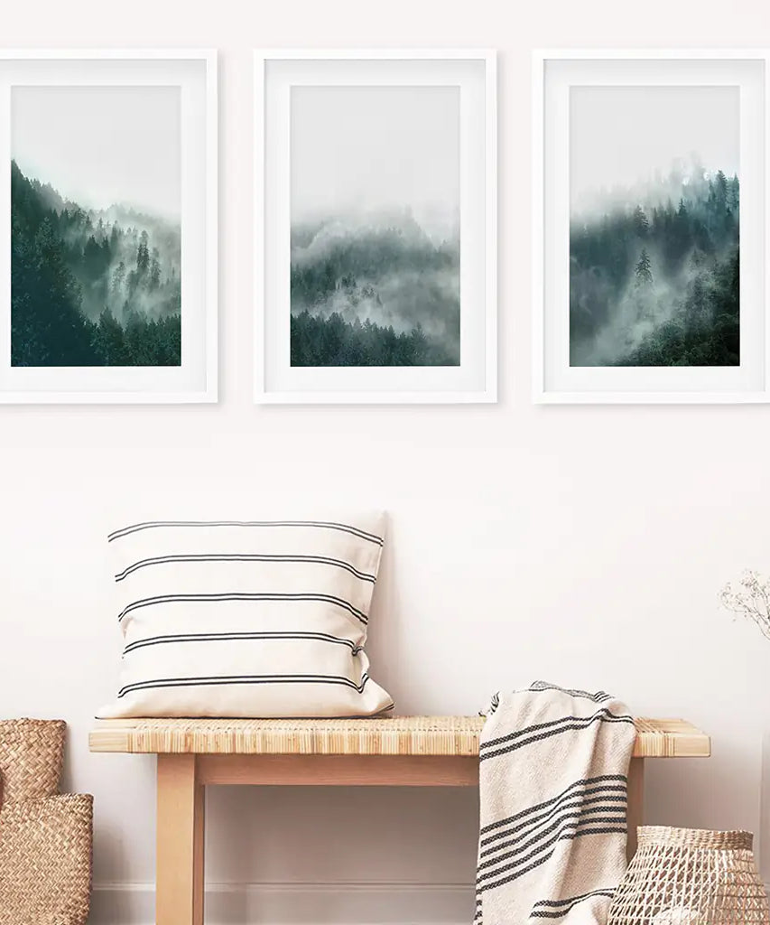 Large Foggy Forest Wall Art Set. Scandinavian Decor