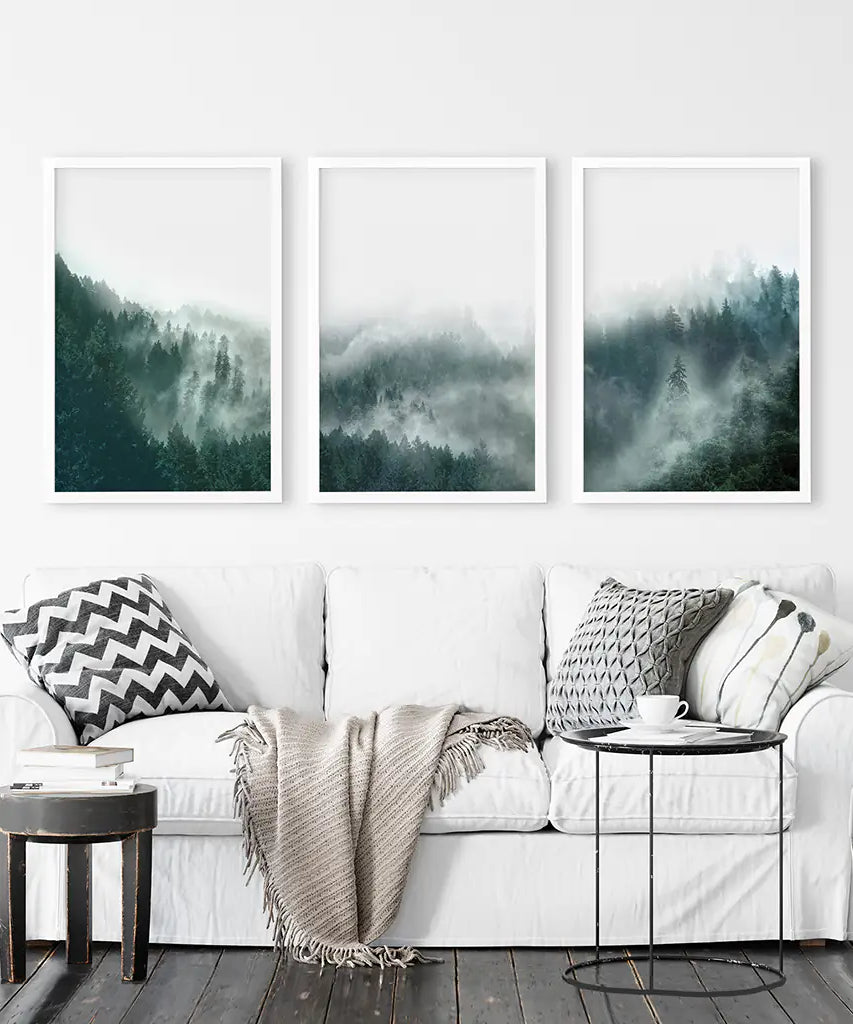 Large Foggy Forest Wall Art Set. Scandinavian Decor