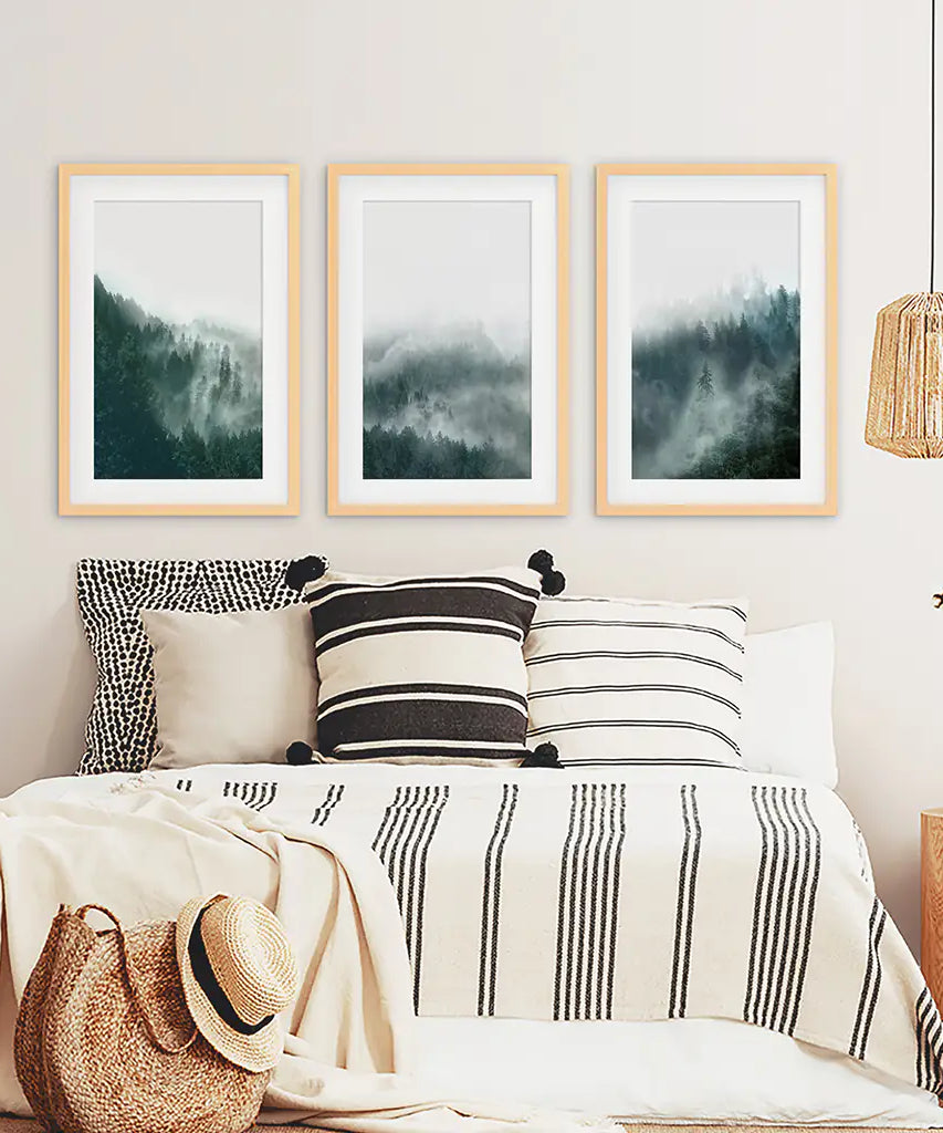 Large Foggy Forest Wall Art Set. Scandinavian Decor