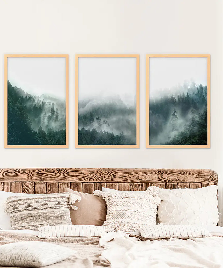 Large Foggy Forest Wall Art Set. Scandinavian Decor
