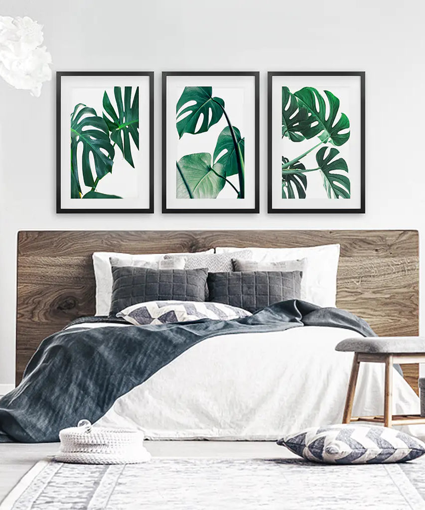 3 Piece Green Monstera Leaf Print Set. Tropical Decor