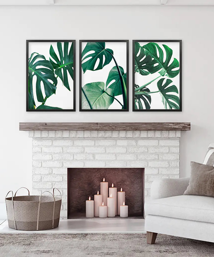 3 Piece Green Monstera Leaf Print Set. Tropical Decor