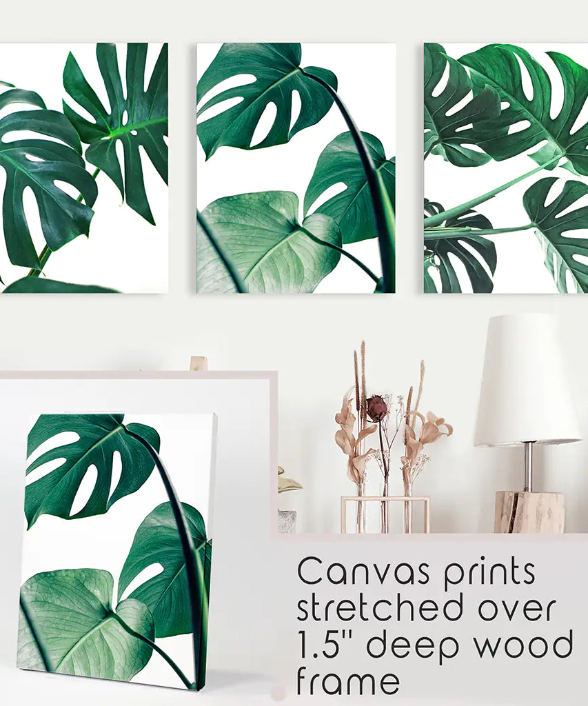 3 Piece Green Monstera Leaf Print Set. Tropical Decor