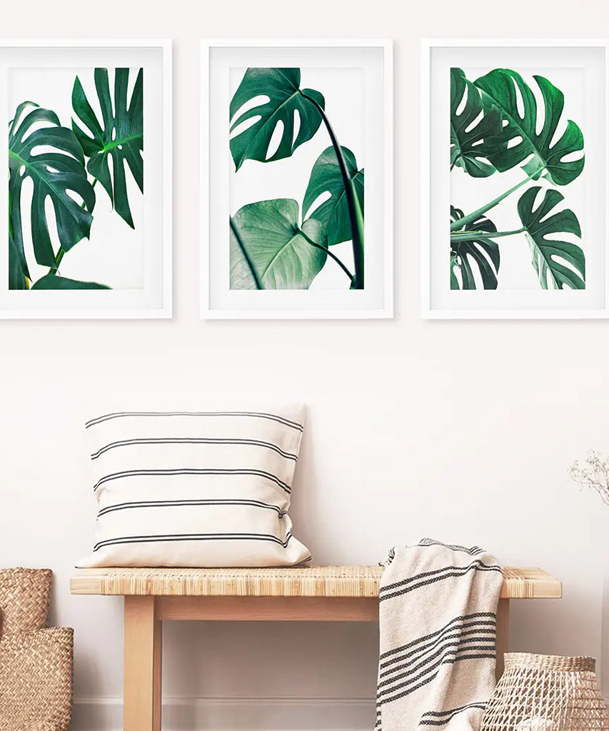 3 Piece Green Monstera Leaf Print Set. Tropical Decor