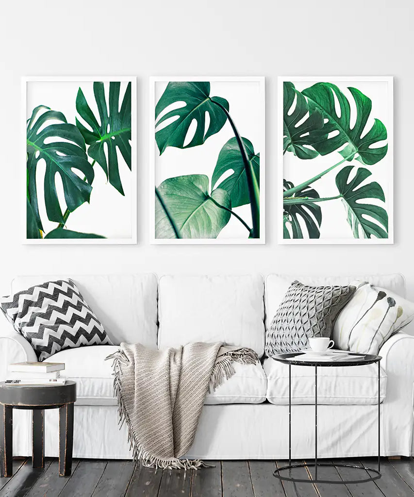3 Piece Green Monstera Leaf Print Set. Tropical Decor