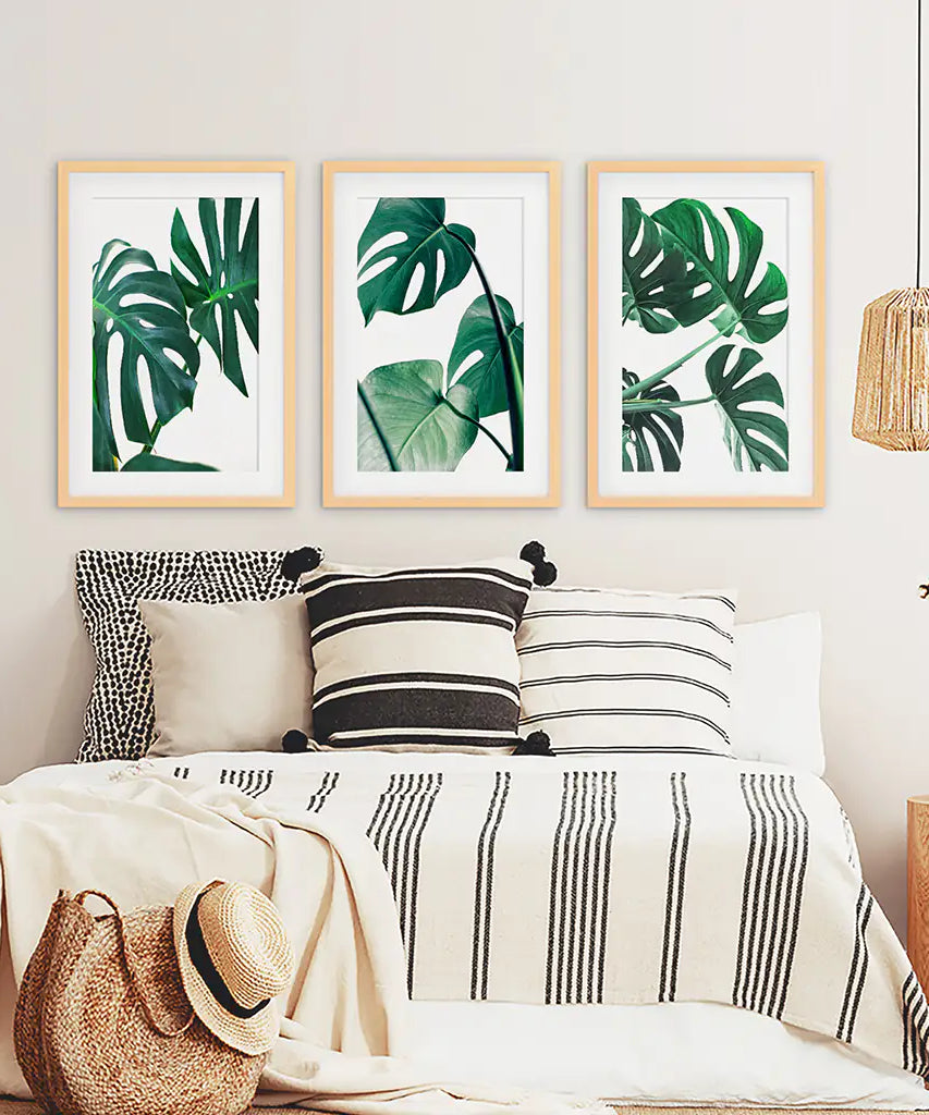3 Piece Green Monstera Leaf Print Set. Tropical Decor