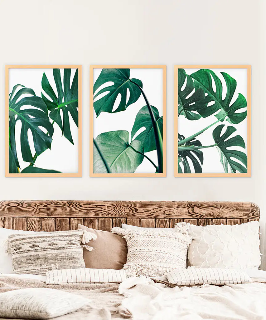 3 Piece Green Monstera Leaf Print Set. Tropical Decor