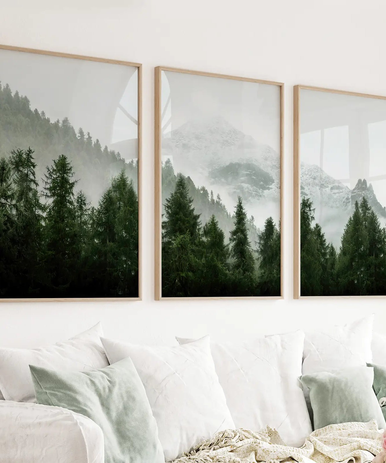 Green Mountain Forest 3 Piece Wall Art. Foggy Nordic Nature