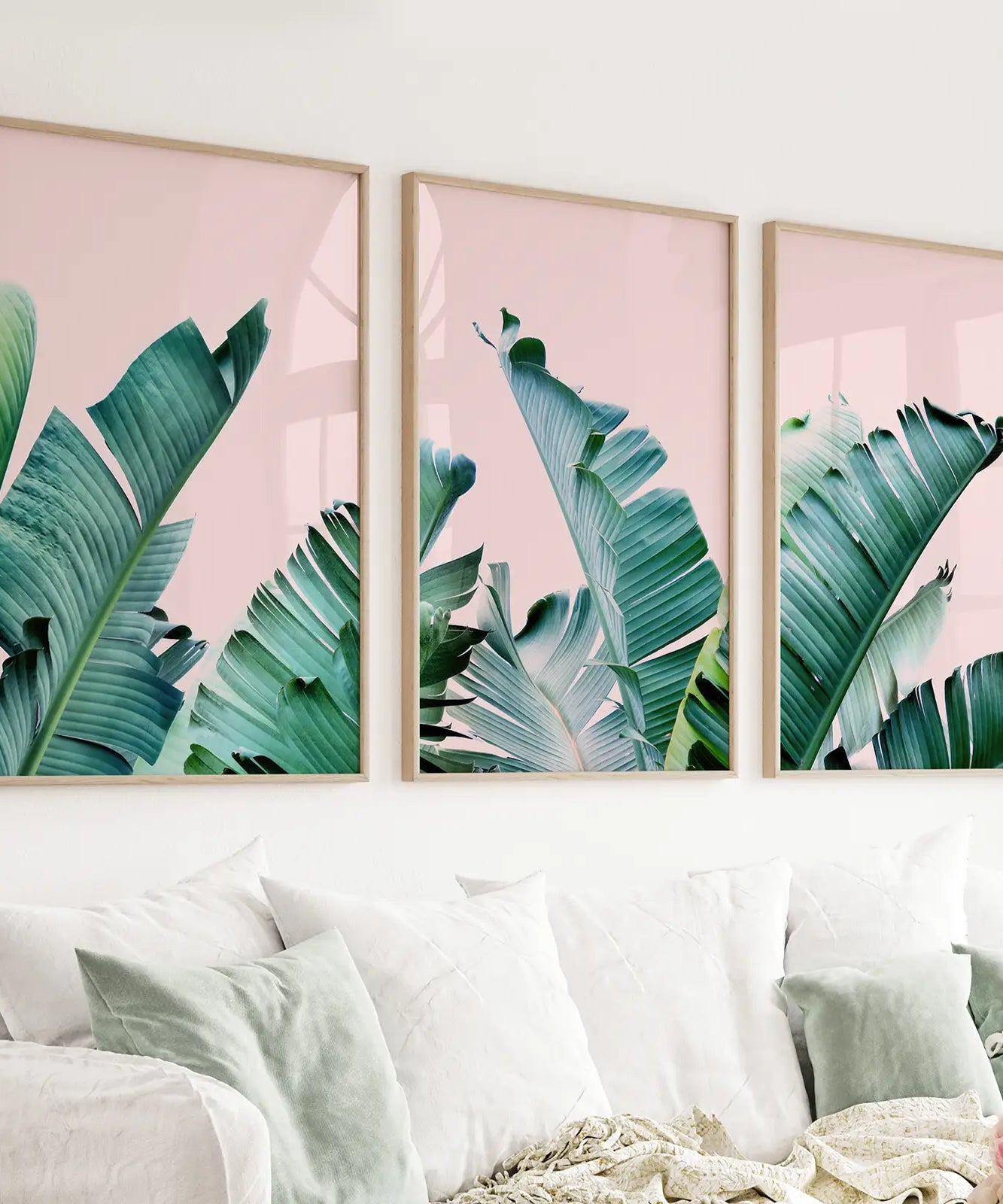 Green Banana Leaves on Pink. Tropical Triptych