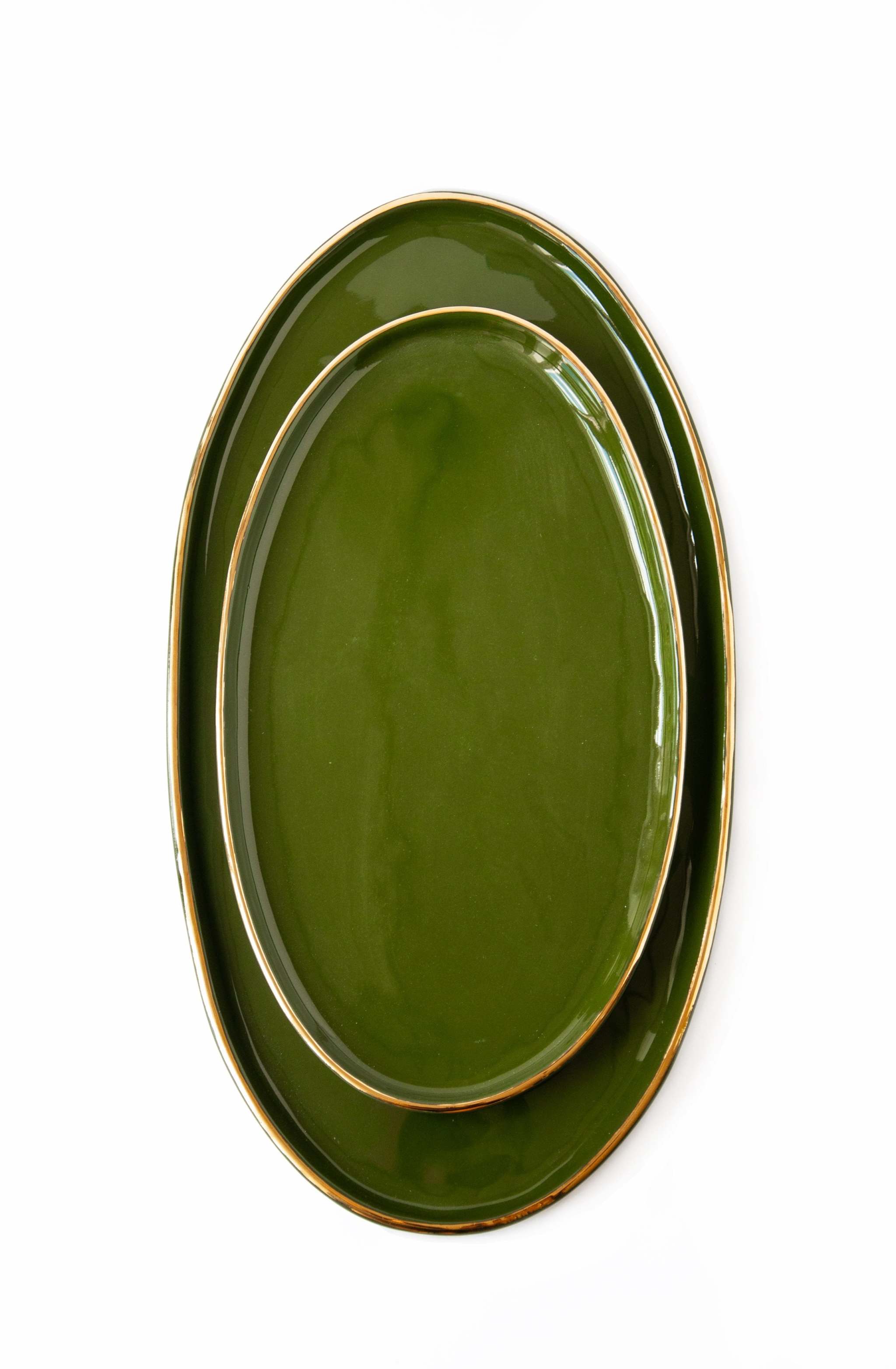 Porcelain Oval Serving Platter with Gold Rim. Green