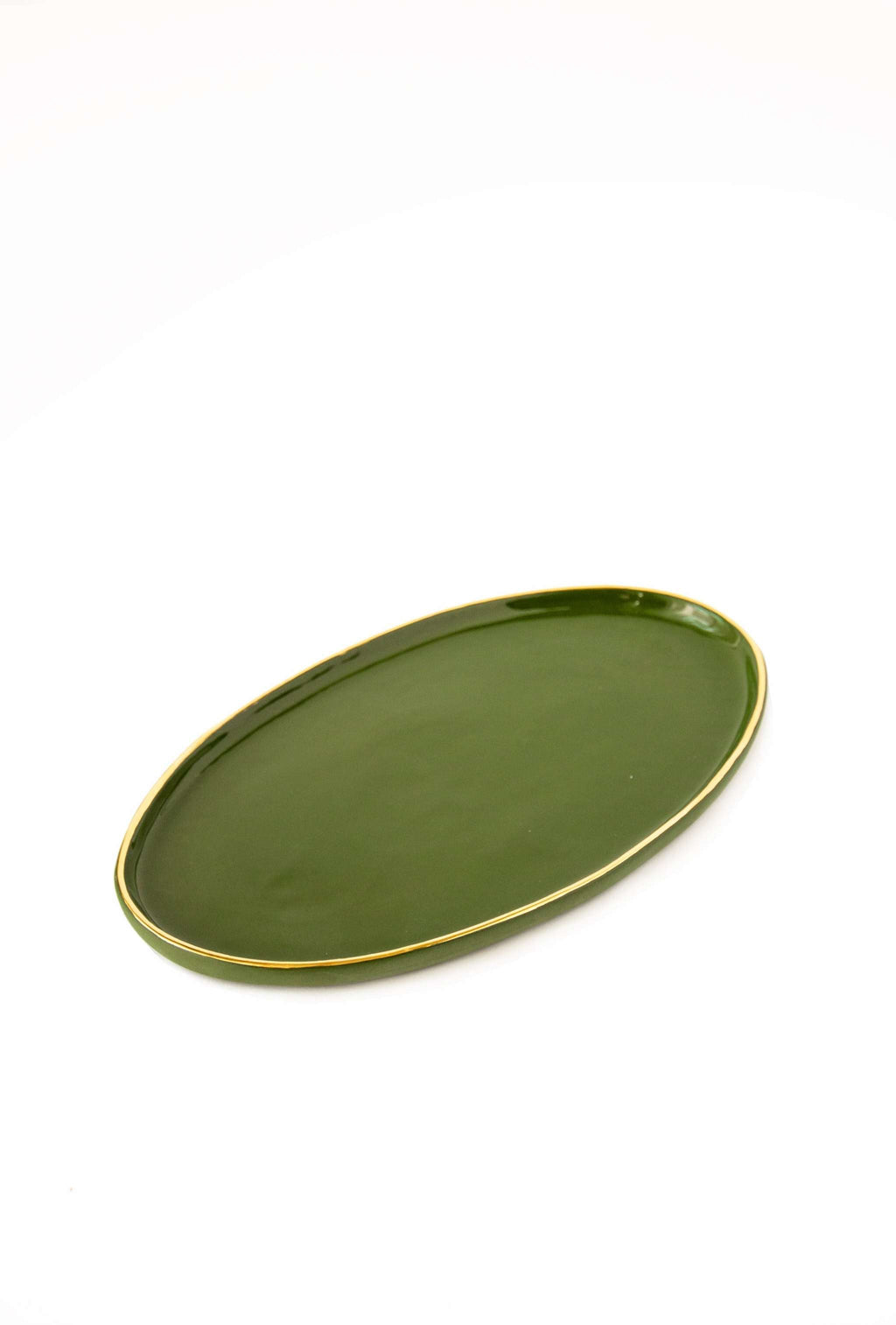 Porcelain Oval Serving Platter with Gold Rim. Green