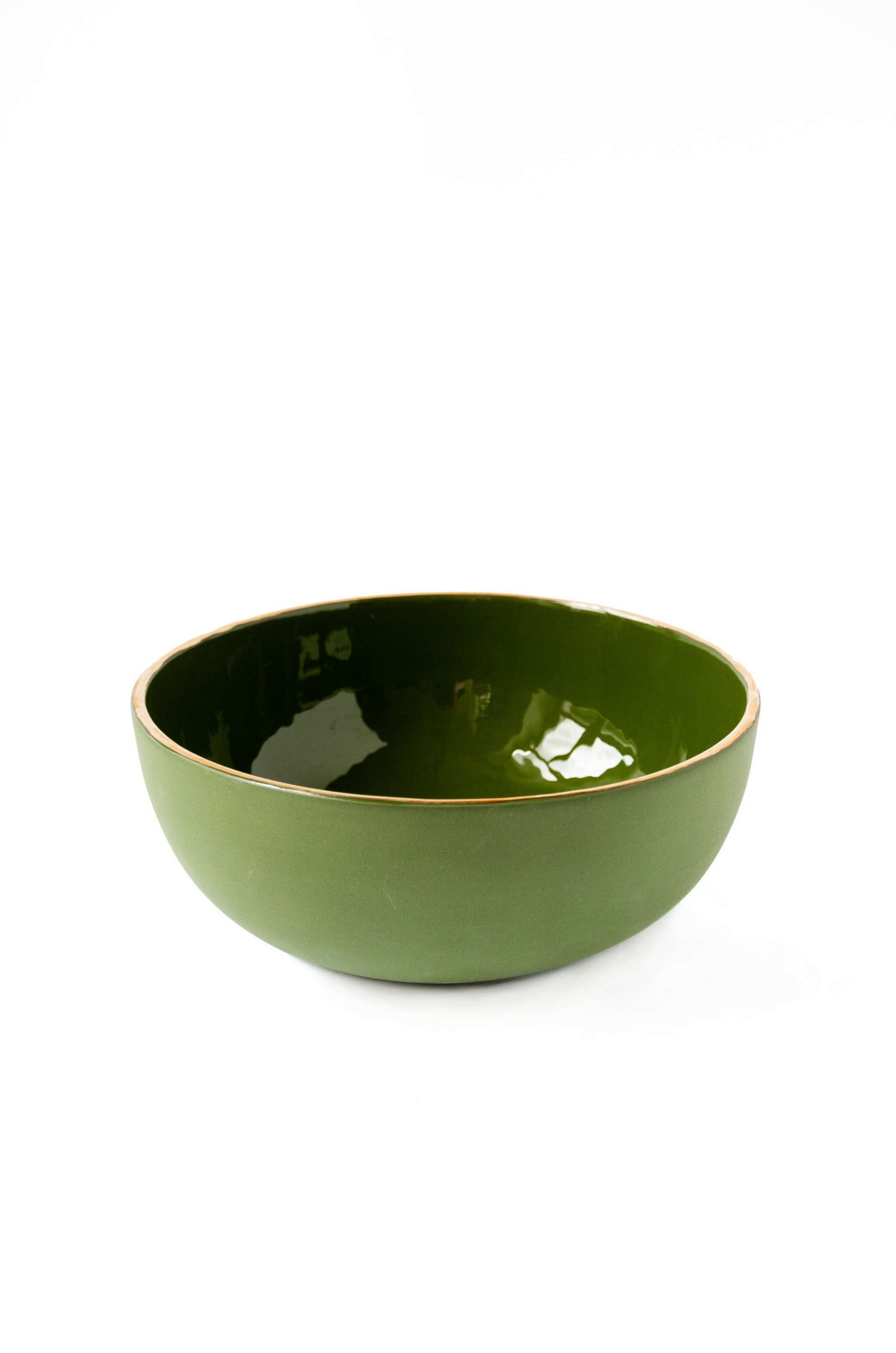 Handmade Porcelain Salad Bowl with Gold Rim. Green