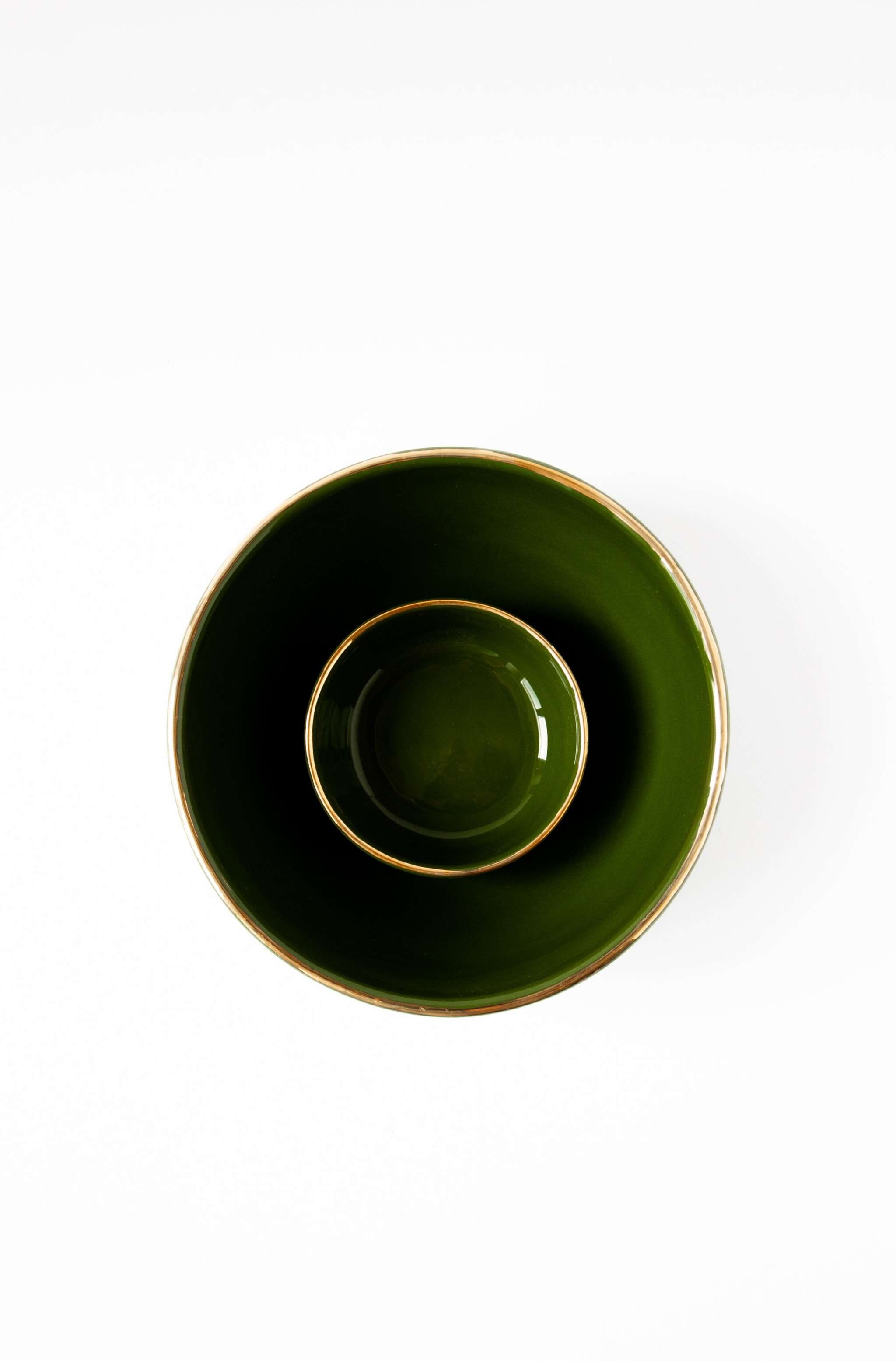 Handmade Porcelain Pinch Bowl with Gold Rim. Green