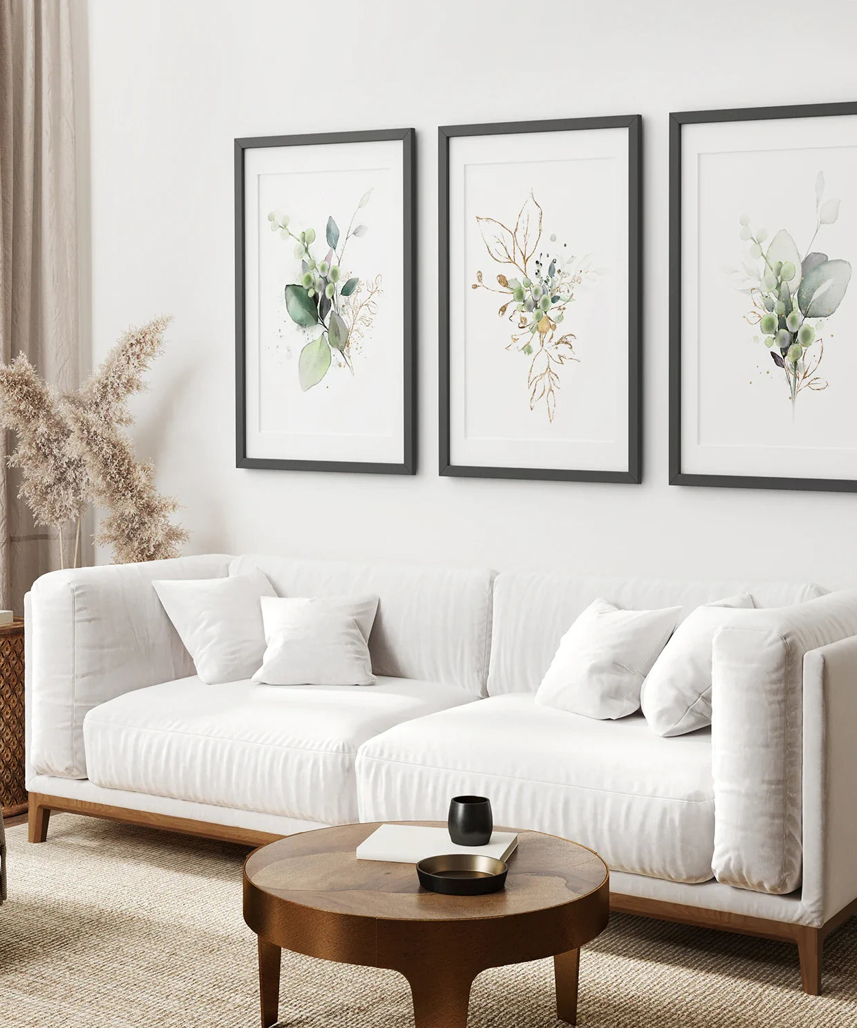 Grünes botanisches Aquarell-Kräuter-Wandbilder-Set aus 3 Drucken