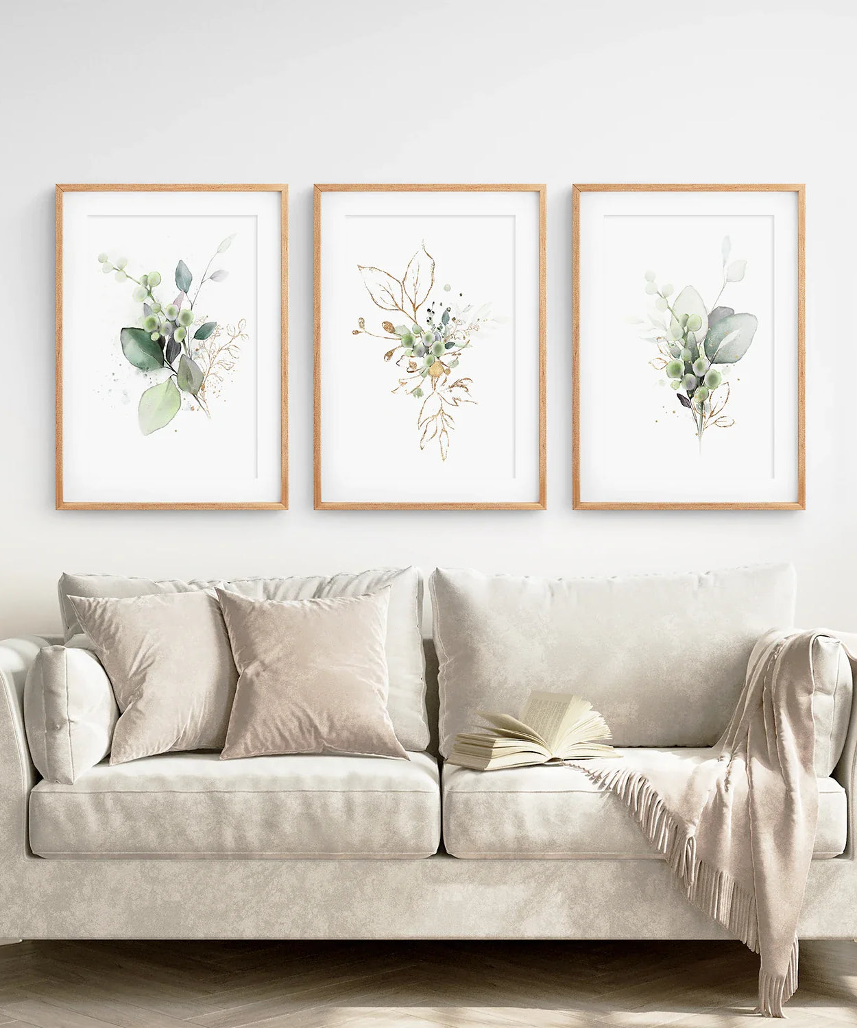 Grünes botanisches Aquarell-Kräuter-Wandbilder-Set aus 3 Drucken