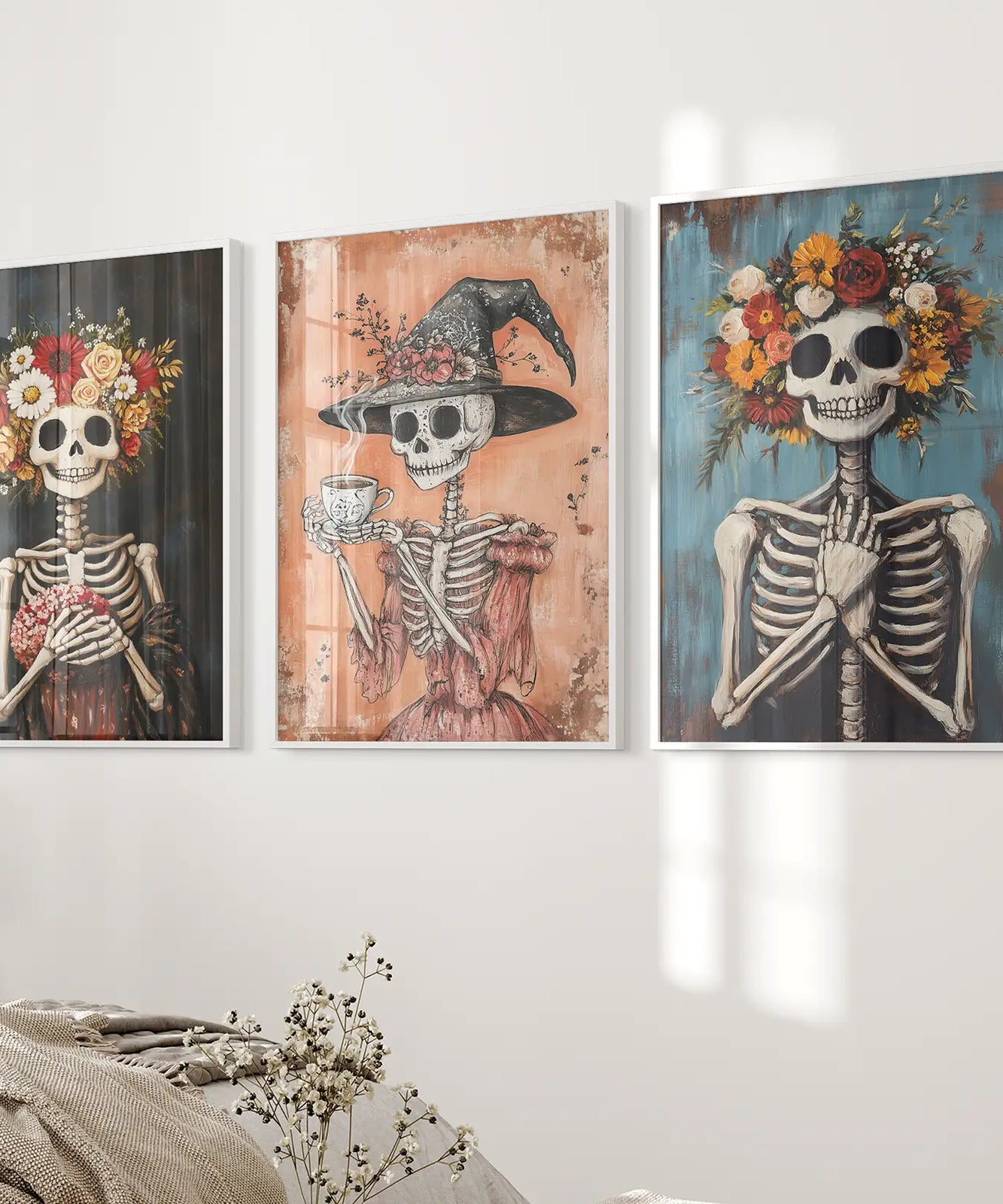 Gemütliches Blumen-Skelett-Wandkunst-Deko-Poster-Set