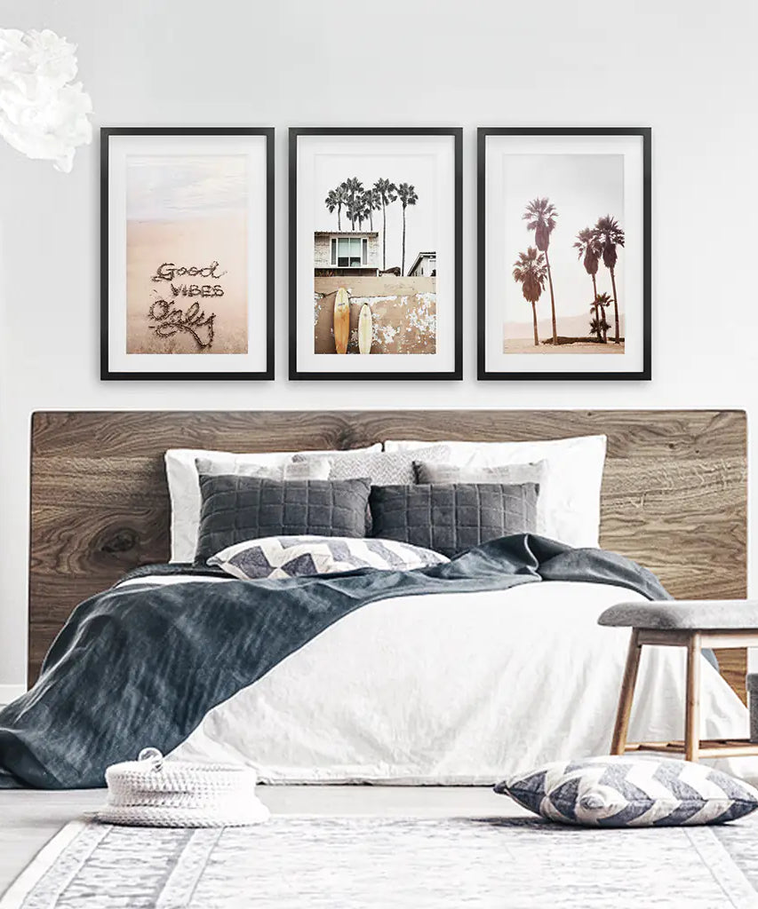 Boho-Stil Wanddekoration für den Küstenbereich. Good Vibes, Palmen, Surfen