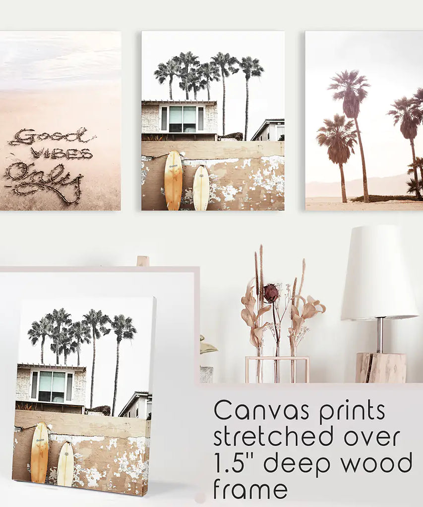 Boho-Stil Wanddekoration für den Küstenbereich. Good Vibes, Palmen, Surfen