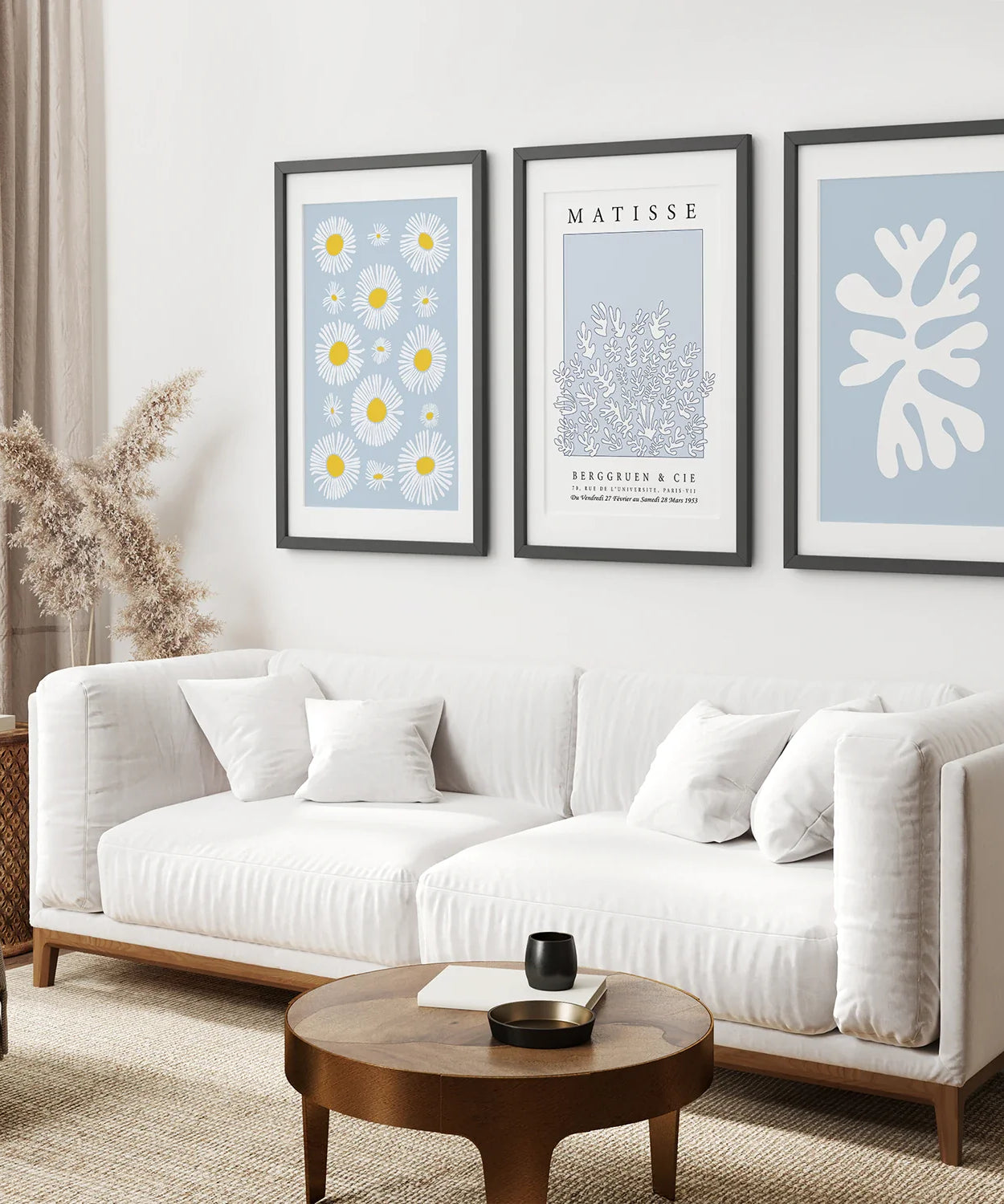 Abstrakter Matisse-Kunstdruck, 3er-Set. Blaue florale Wandkunst