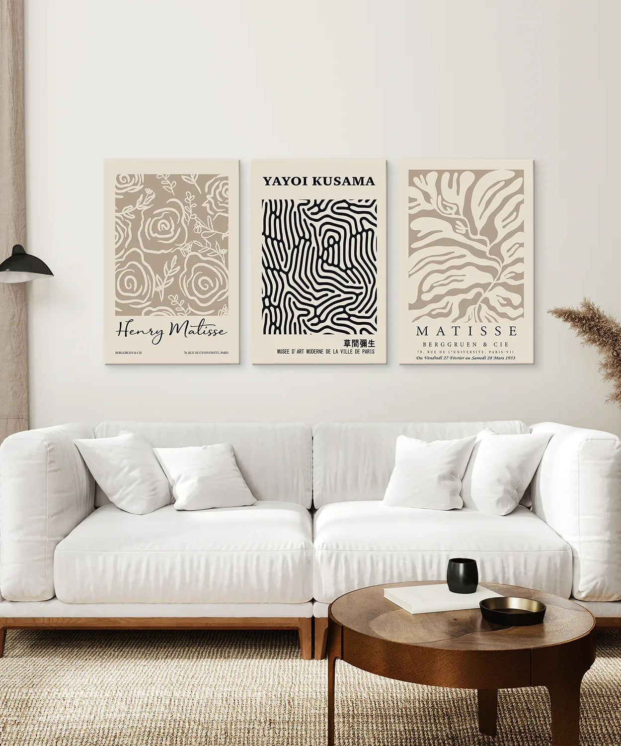 3er Set Pastell Beige Kunstdrucke. Henri Matisse und Yayoi Kusama