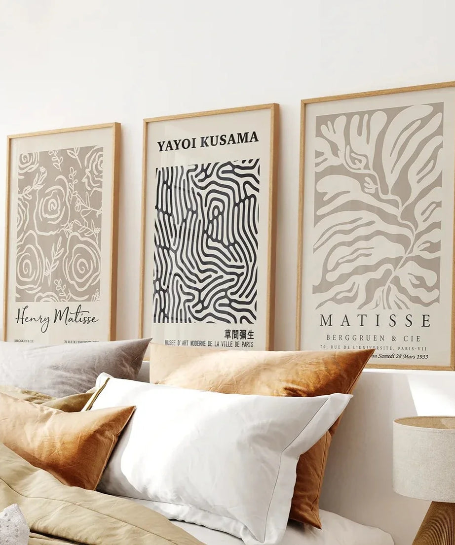 3er Set Pastell Beige Kunstdrucke. Henri Matisse und Yayoi Kusama