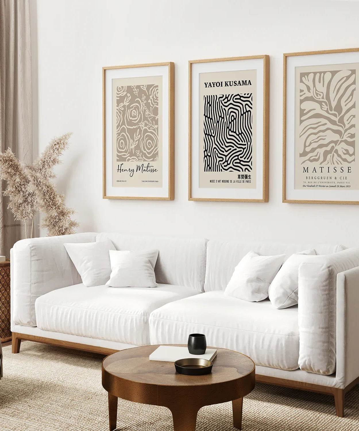 3er Set Pastell Beige Kunstdrucke. Henri Matisse und Yayoi Kusama