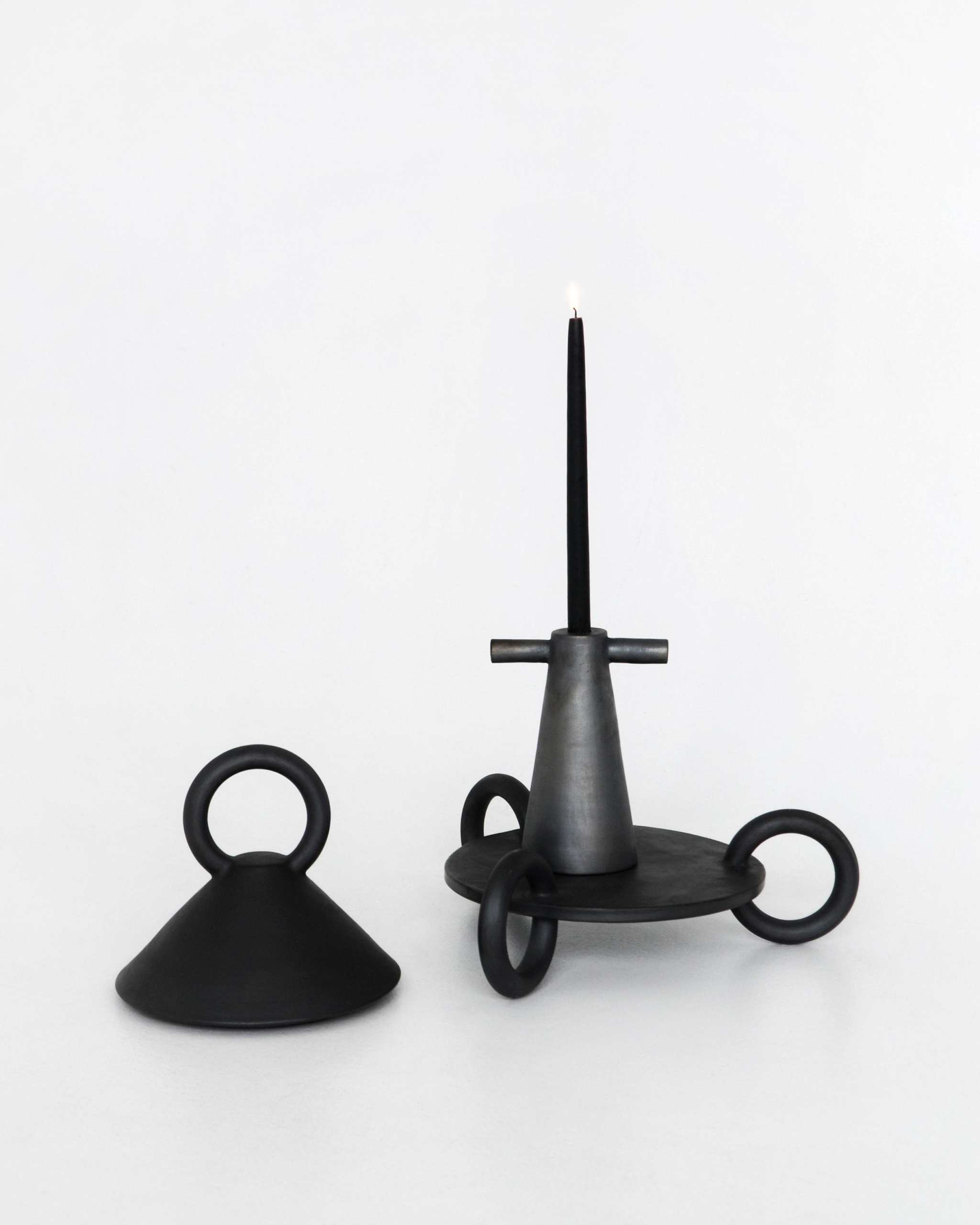Black Stoneware Tall Candle Holder Motanka