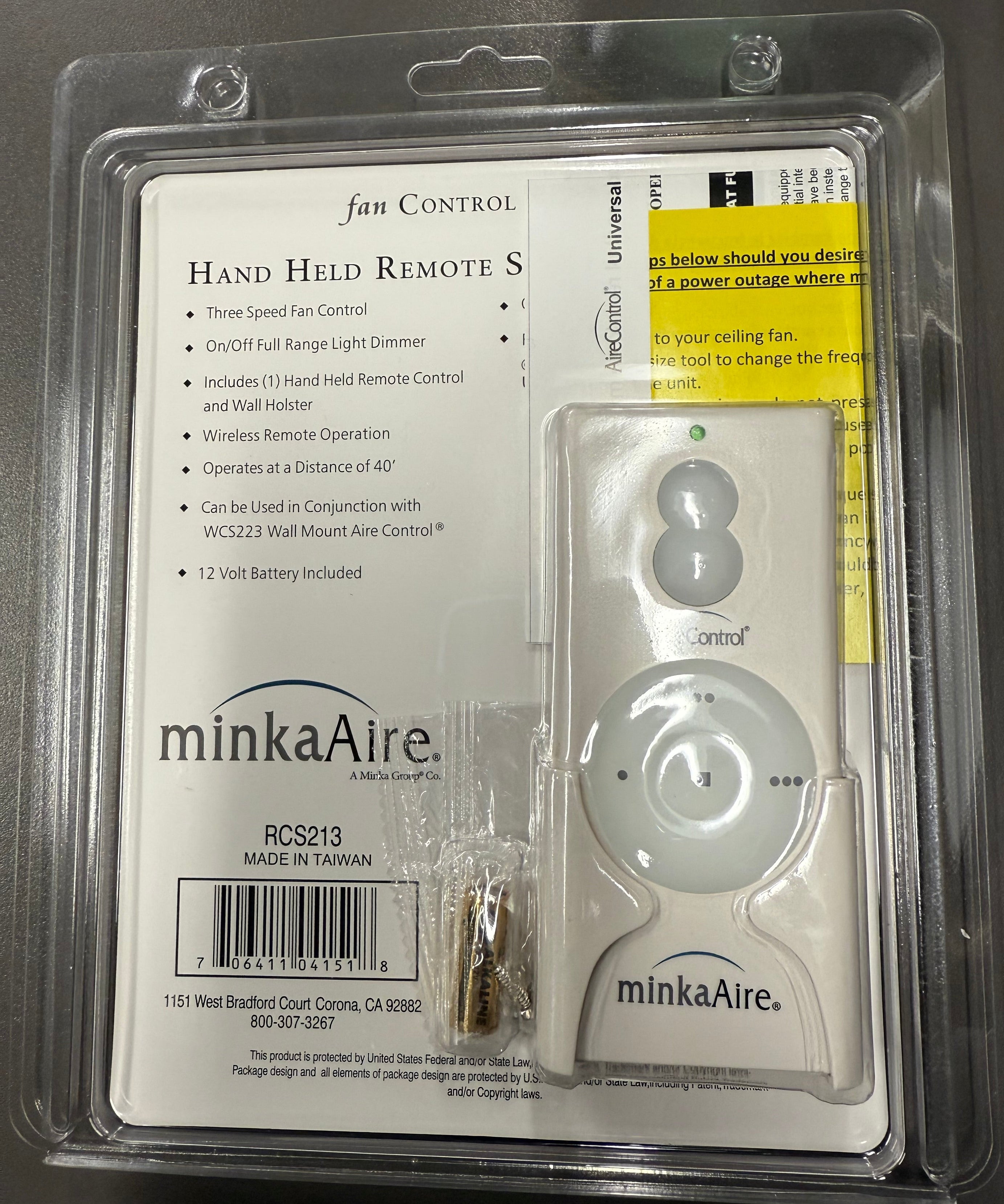 Minka-Aire 3-Speed 256 Bit Handheld Ceiling Fan Remote Control - White - RCS213, TR110A, KUJCE10007