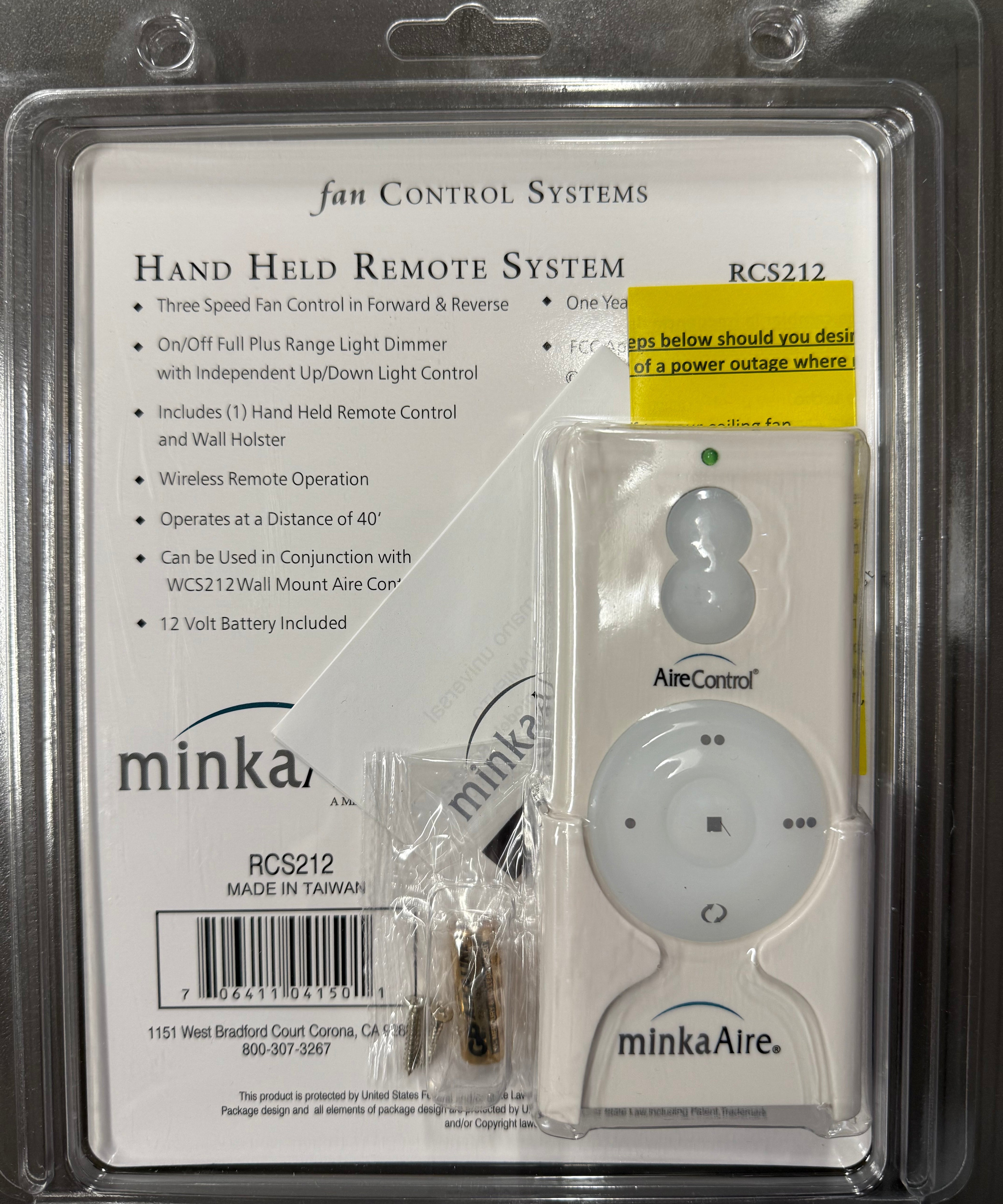 Minka-Aire 3-Speed 256 Bit Handheld Ceiling Fan Remote Control with Reverse Key - White - RCS212, TR110A, KUJCE10007