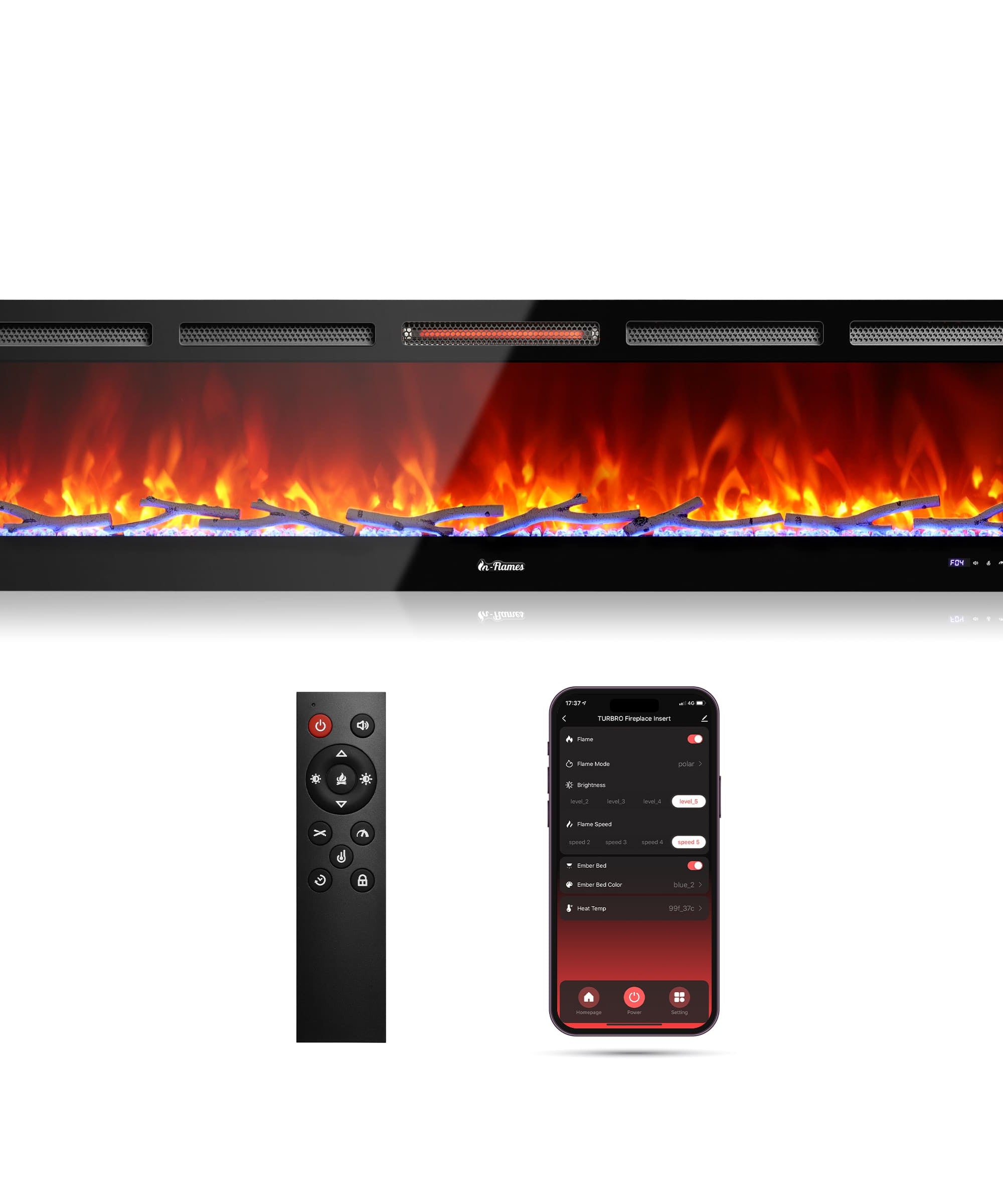 In Flames INF72W-3D WiFi Smart Wall Mounted Electric Fireplace - Tempered Glass