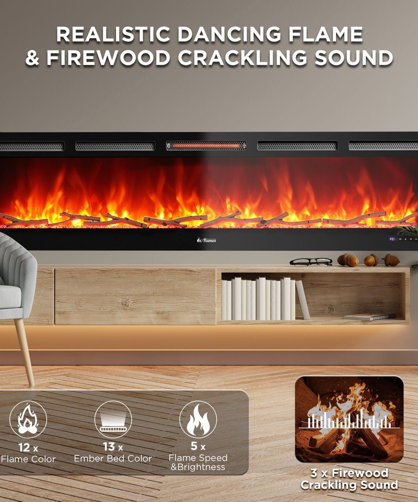 In Flames INF72W-3D WiFi Smart Wall Mounted Electric Fireplace - Tempered Glass