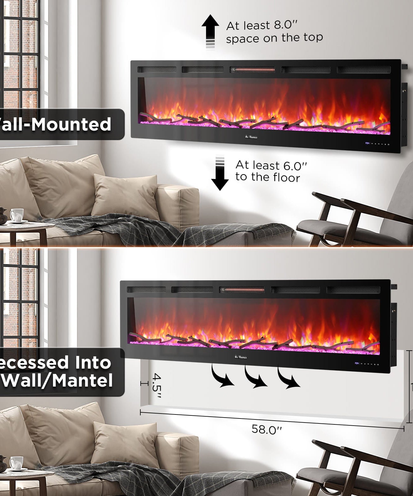 In Flames INF72W-3D WiFi Smart Wall Mounted Electric Fireplace - Tempered Glass