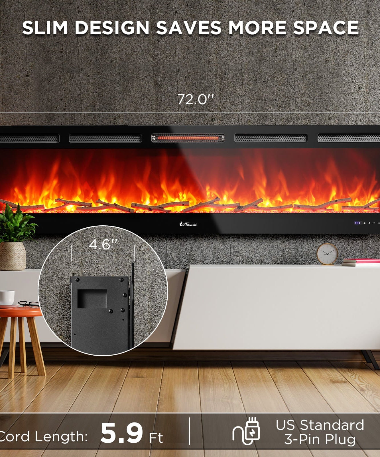 In Flames INF72W-3D WiFi Smart Wall Mounted Electric Fireplace - Tempered Glass