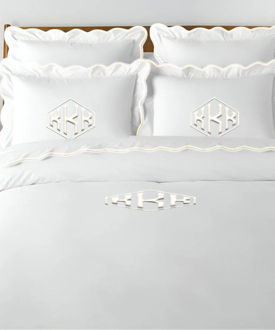 Monogram 400TC Cotton Scallop Embroidery Sateen Solid Duvet Cover Set