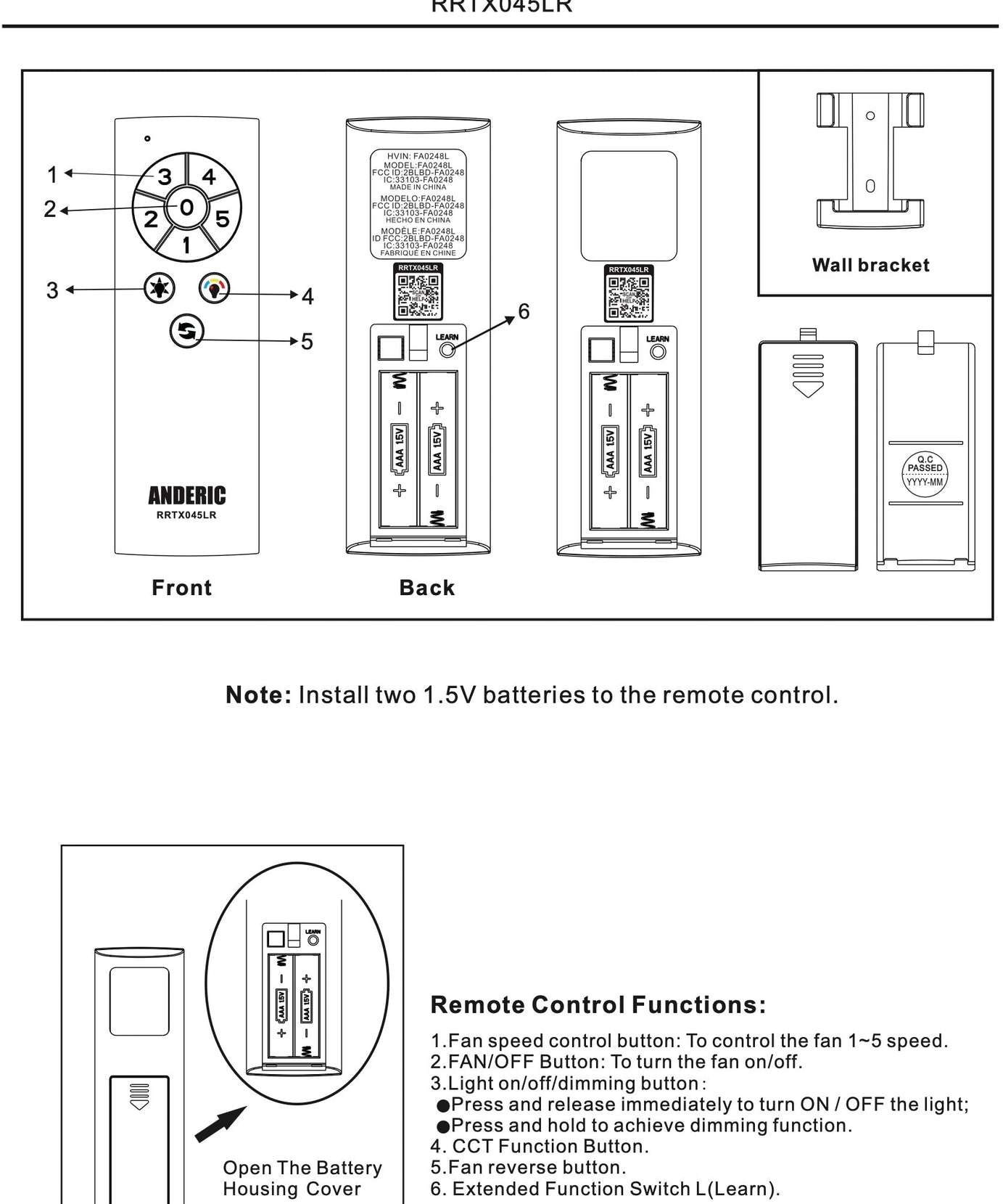 Anderic RRTX045LR Replacement Ceiling Fan Remote Control for Home Decorators Collection A25-TX045-LR