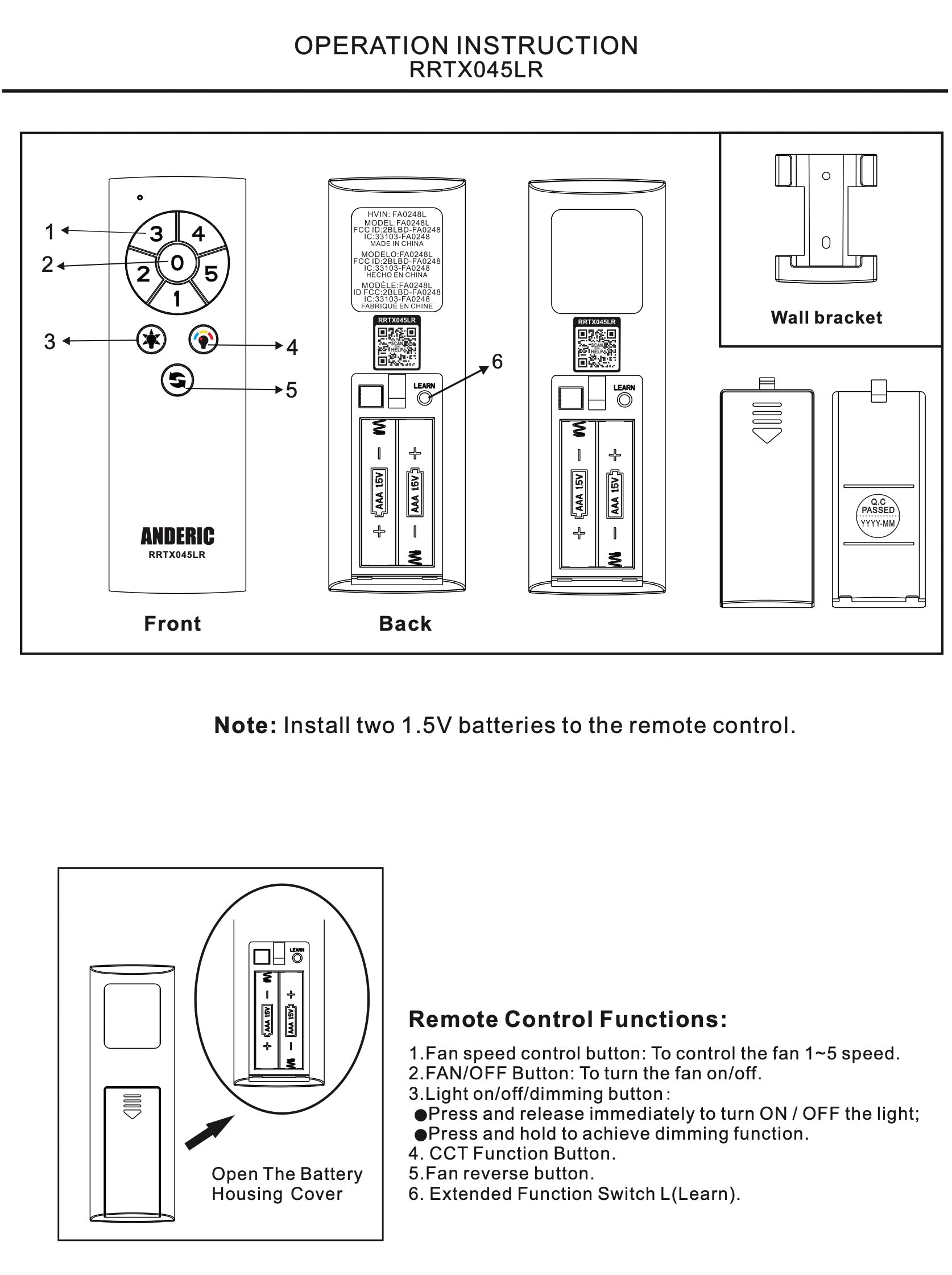 Anderic RRTX045LR Replacement Ceiling Fan Remote Control for Home Decorators Collection A25-TX045-LR
