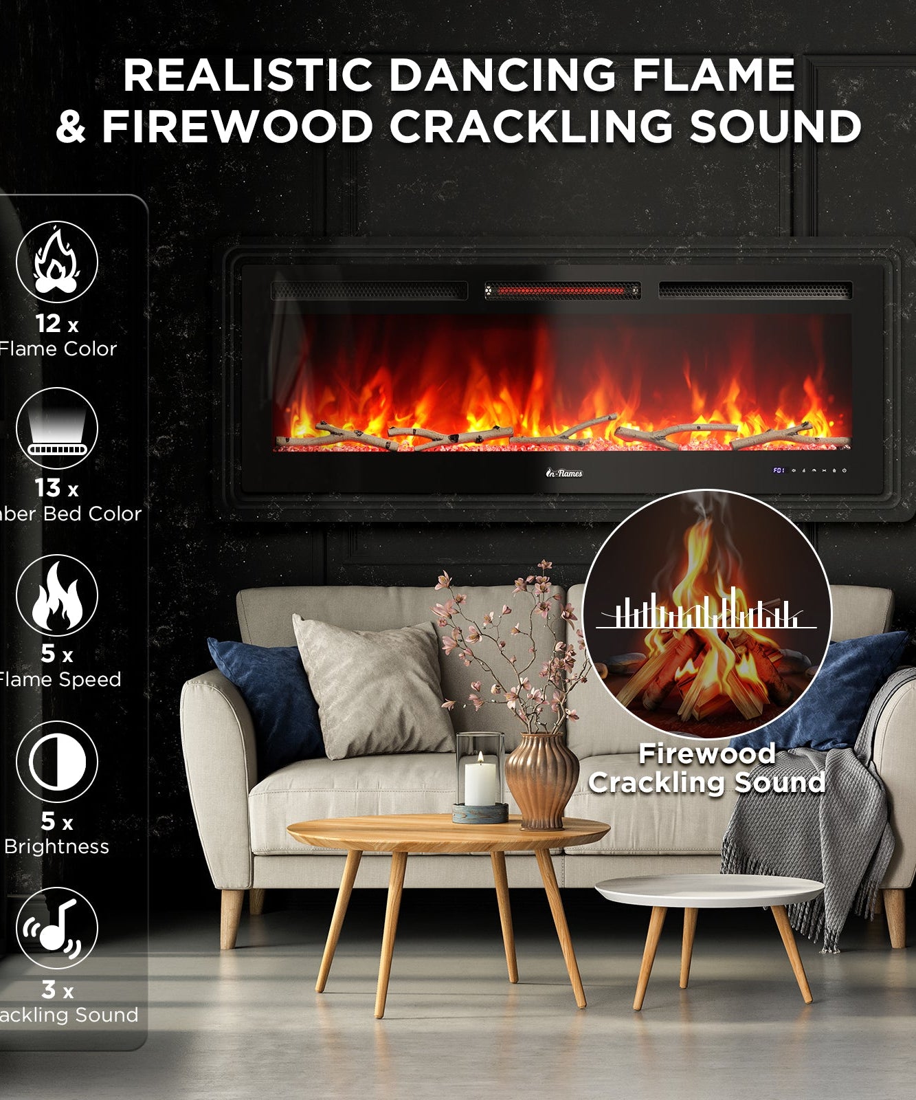 In Flames INF50W-3D WiFi Smart Wall Mounted Electric Fireplace - Tempered Glass