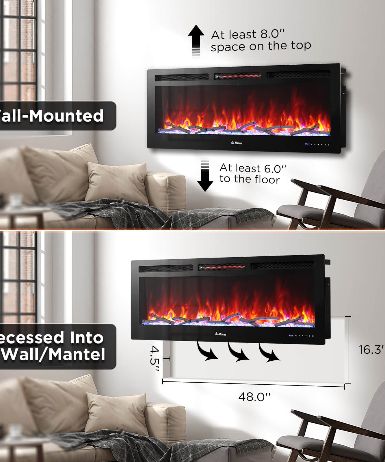In Flames INF50W-3D WiFi Smart Wall Mounted Electric Fireplace - Tempered Glass