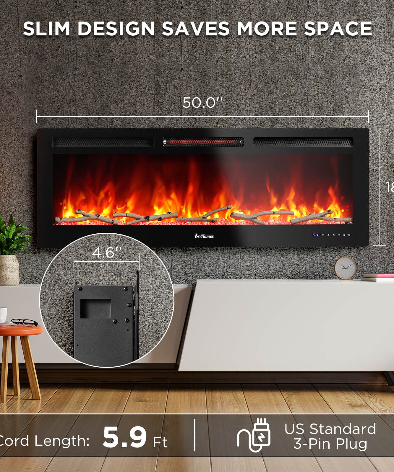 In Flames INF50W-3D WiFi Smart Wall Mounted Electric Fireplace - Tempered Glass